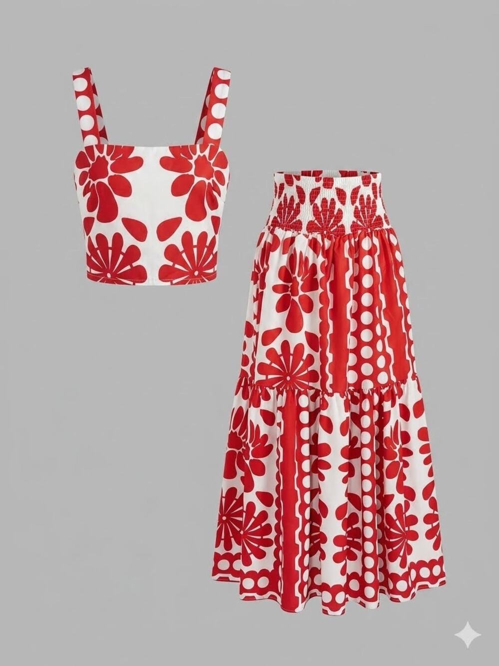 Commense XS Floral Print Cami Top Smocked Maxi Skirt Two Piece Set Red White NWT
